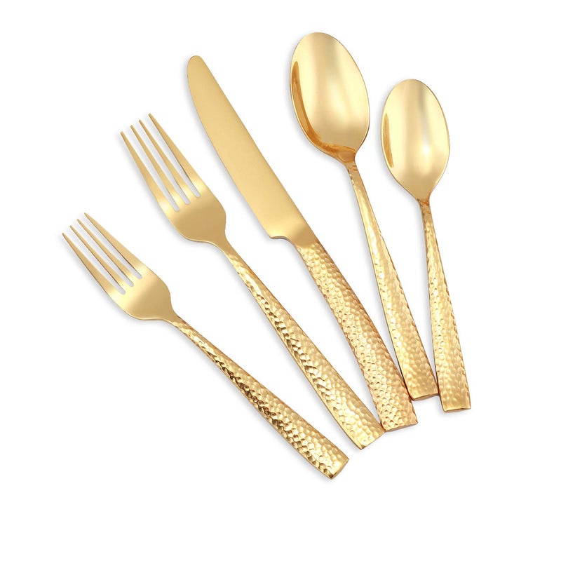 Kelenfer Silverware Set Flatware Set Gold Hammered Handle Cutlery Set Stainless Steel Shiny Mirror Polished Brass 20 Pieces Dishwasher Safe Service for 4 - Image 1